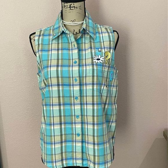 Looney Tunes Vintage Tweety Green/Blue Plaid Sleeveless Button Down Top … - Picture 2 of 9